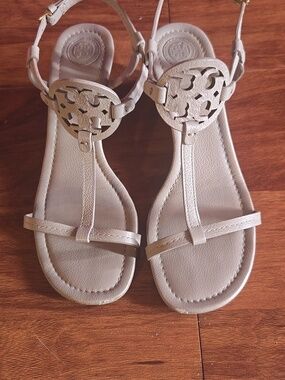Tory Burch Neutral T-Strap Sandals with Logo Medallion